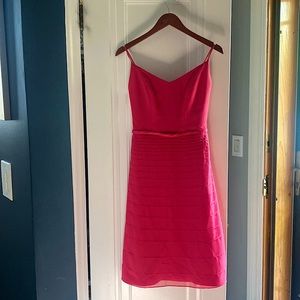 Pink chiffon, tea length bridesmaid dress.